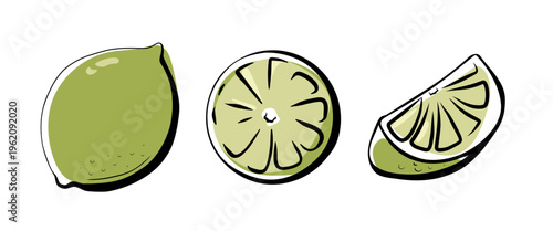 Hand drawn lime fruit set with whole, slice and wedge variations. Perfect for food design, drinks, menus, packaging and fresh ingredient concepts.
