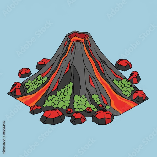 Illustration of an erupting volcano with flowing lava and surrounding rocks.