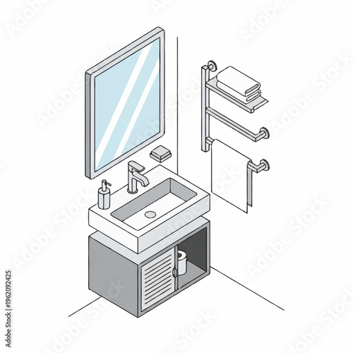 Isometric view of a modern bathroom with sink, mirror, and towel rack.