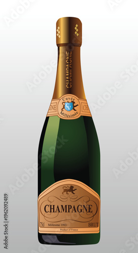 A blank green wine and champagne bottle with a cork and label sits isolated on white next to an empty glass for a red alcohol drink celebration party