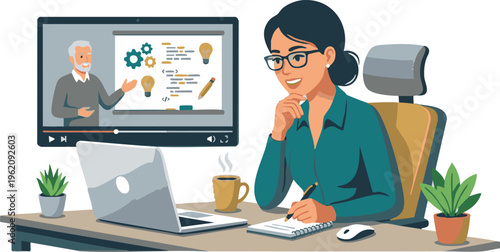 Woman watching educational video on computer at home