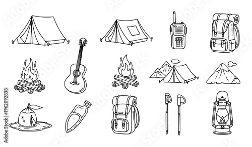 Black and white camping doodle elements vector set with tent fire guitar walkie talkie outdoor icons