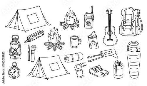 Camping doodle icon set with tent bonfire guitar walkie talkie black white vector illustration