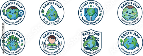 Web Earth Day Badge Collection, Cute Eco-Friendly Stickers and Vector Icons for Environmental Protection