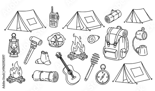 Hand drawn camping doodle vector set with tent bonfire guitar walkie talkie outdoor tourism icons