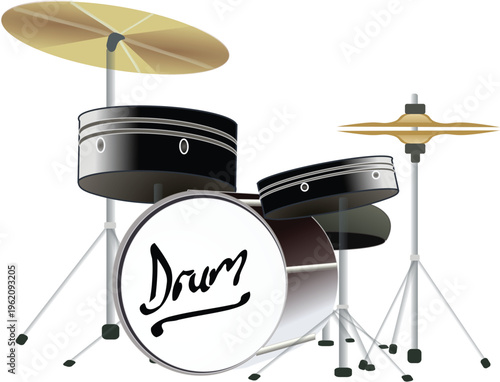 Professional studio photography of a musical drum set with percussion equipment and a tripod stand isolated on a white background using spotlight lighting