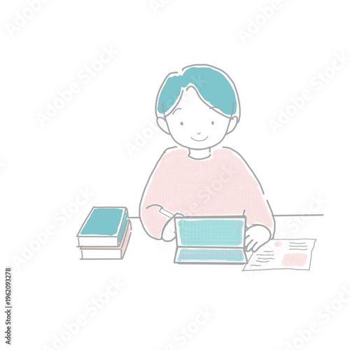 タブレットで勉強や宿題をする男の子のイラスト
