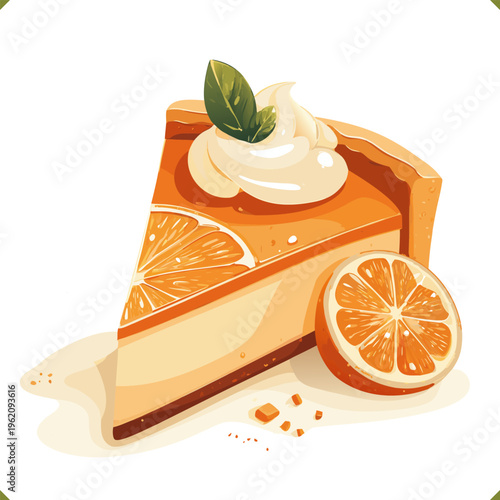 Vector illustration of a slice of citrus cheesecake with whipped cream and orange slices, isolated on a white background