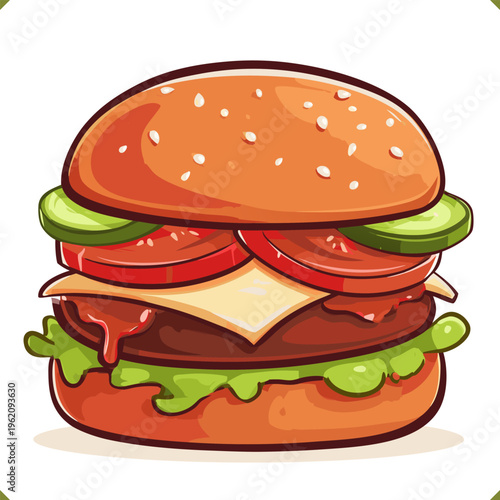Vector illustration of a delicious cheeseburger with sesame bun, beef patty, cheese, and vegetables, isolated on a white background