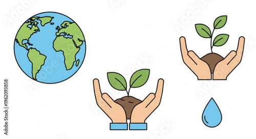 Nurturing earth's future hands cradling soil with young plants symbolizing growth and environmental care alongside a vibrant planet illustration and a falling water