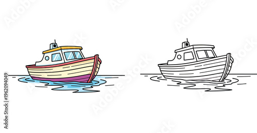 Cartoon Fishing Boat on Water Illustration and Line Art Outline Vector Set - Hand Drawn Small Motorboat Vessel for Kids Coloring Book and Creative Design Projects