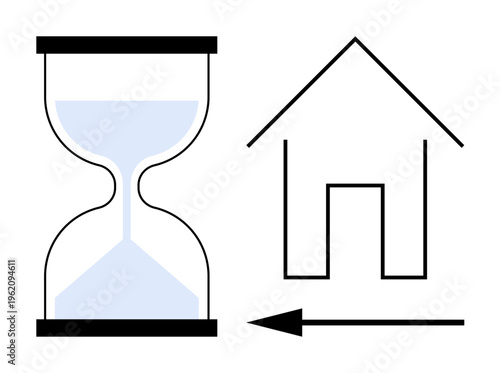 Time management concept. Hourglass and house icon with arrow time-sensitive decisions and future goals. Time management aids in planning, efficiency, and priorities. Useful for productivity, goal