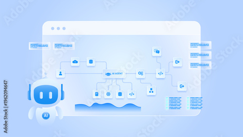AI workflow automation artificial intelligence. ai agent network diagram dashboard machine learning architecture data pipelines, coding panels, analytics panels and automation system.