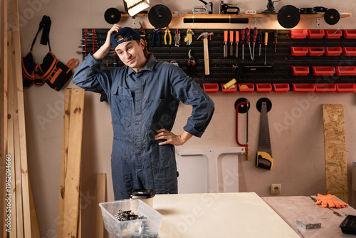 Εκτύπωση καμβά Carpenter man with diy tools for maintenance and repair work stressed scratching head thinking about working trouble in workshop
