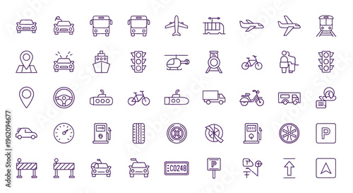 Comprehensive collection of transportation and navigation related line icons.