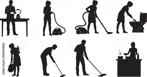 Silhouettes of people engaged in various household chores and daily domestic activities, showcasing home maintenance routines and a busy lifestyle in modern homes