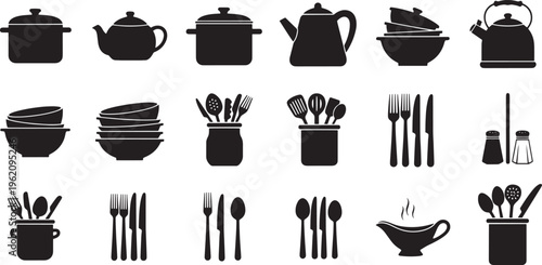 A comprehensive concept collection of essential kitchenware and cooking utensil silhouettes, perfect for design projects and culinary-themed graphics and icons