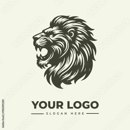 A dark green vintage engraving style lion head logo with a fierce expression on a cream background with space for a custom slogan.