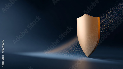 A gold shield with a glowing outline and particles trailing behind it on the right side, set against a dark blue background