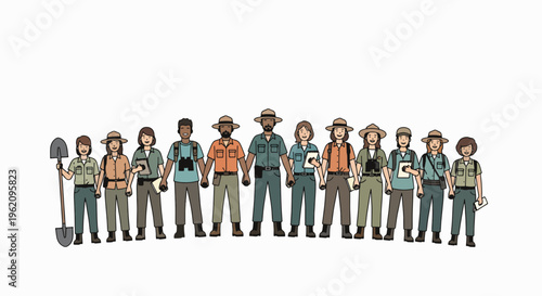 A diverse group of park rangers standing together in various uniforms and holding different equipment against a clean white background with a professional and earthy tone.