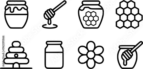 Collection of black outline representing honey jars honeycomb flower and honey dipper