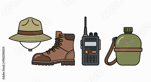 Flat lay of a safari hat, hiking boot, two-way radio, and canteen on a white background, conveying a sense of adventure and exploration.