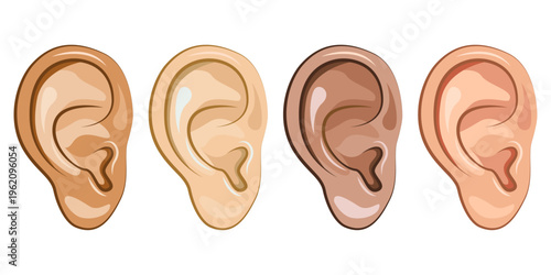 Close Up Human Ear icon. Different skin tone. Part Of Body. Vector illustration.