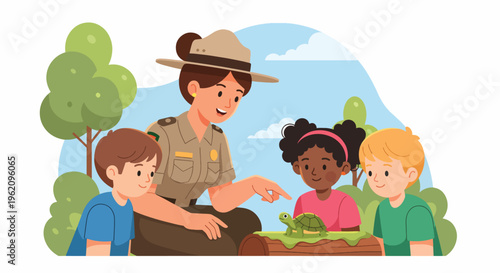 A park ranger shows three children a turtle on a log in a natural outdoor setting with trees and a blue sky.