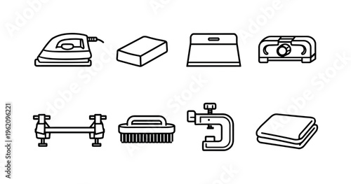 Ski waxing and tuning tools: ski wax iron, wax block, plastic scraper, edge sharpener, tuning bench, ski brush, clamp vise, polishing cloth