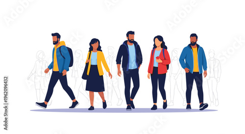 Group of diverse people with different ethnicities and styles walking together in a city environment representing a busy urban community and society.