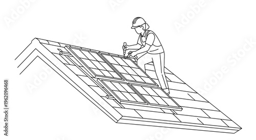 Roofing worker, construction worker, line drawing, vector illustration, roofing industry