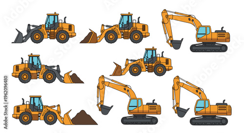 Vector illustration of various heavy construction machinery including yellow excavators, wheel loaders, and diggers for industrial and building projects.