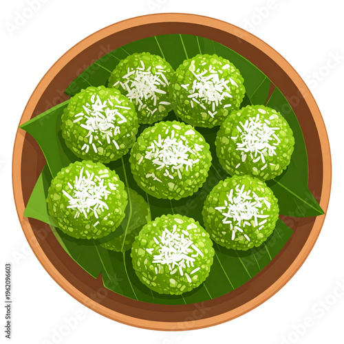 A plate of green klepon coated in grated coconut, soft and chewy rice cakes filled with molten palm sugar, bursting with sweetness in every bite