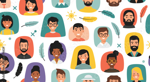 Seamless pattern of diverse male and female avatars with different hairstyles, skin tones, and accessories for social media and community concepts.