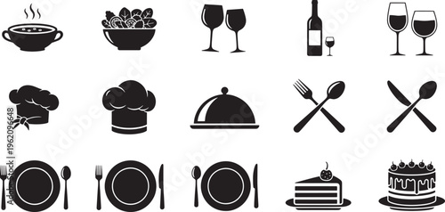 A diverse collection of elegant culinary and dining vector icons, perfect for restaurant menus, kitchen branding, or food-related design projects, featuring dishes, utensils, and chef wear