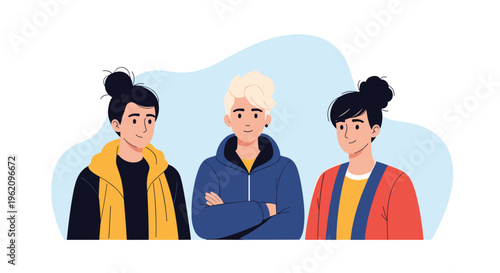 Portrait of three diverse young friends or teenagers standing together with friendly smiles representing youth, friendship, and cultural diversity.