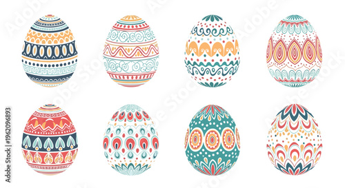 Set of beautifully decorated Easter eggs featuring intricate geometric patterns, floral designs, and vibrant colors for spring holiday and festive cards.