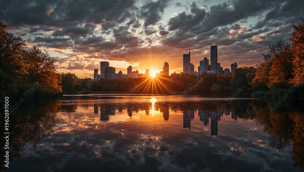 Naklejka premium Sunset Over City Skyline with Reflections in Calm Water Surface