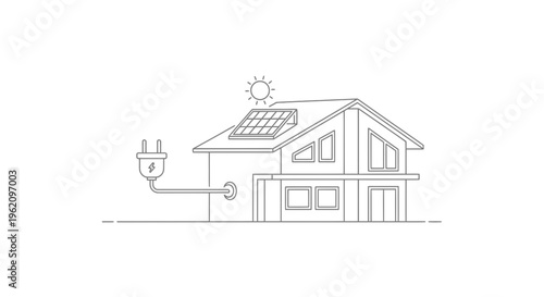 Eco friendly house with solar panel, sustainable home, green energy, renewable power vector
