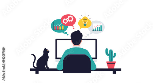 Creative man working on a desktop computer at home with a cat nearby while brainstorming ideas, analyzing charts, and generating new business concepts.