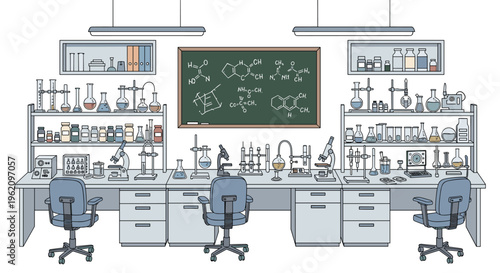 Detailed illustration of a scientific research laboratory equipped with microscopes, glass flasks, test tubes, and chemical formulas on a chalkboard.