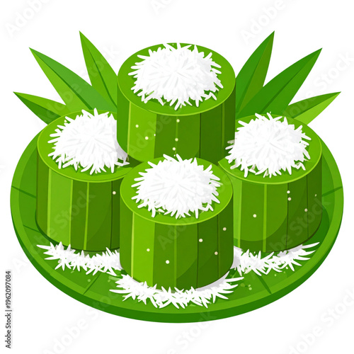 A plate of green pandan kue putu ayu topped with grated coconut, soft and fluffy with a light, sweet aroma—an iconic traditional Indonesian steamed cake