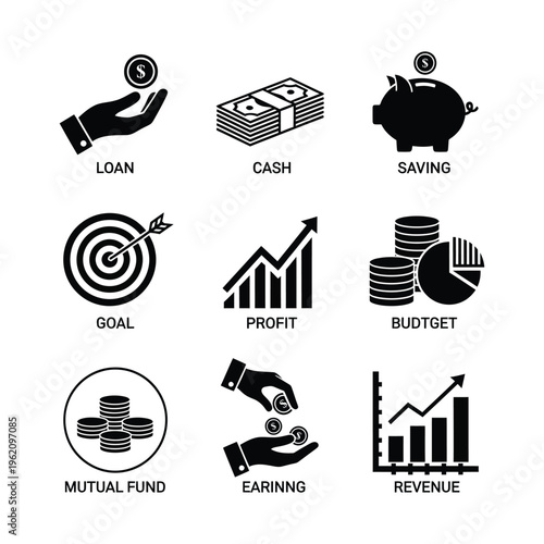 Financial icons collection: loan, cash, saving, goal, profit, budget, mutual fund, earning, revenue, money management concept, piggy bank