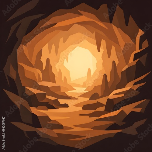 A minimalist flat vector illustration of an ancient cave entrance with warm glowing light shining through the dark rocky tunnel isolated on transparent background