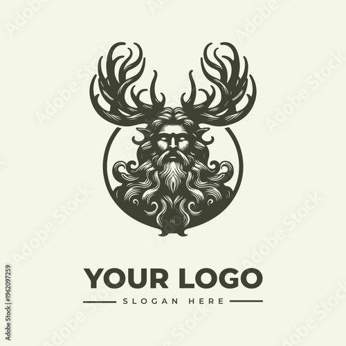 A vintage-style woodcut illustration of a bearded man with moose antlers in a circular logo design on a cream background, with space for a slogan.