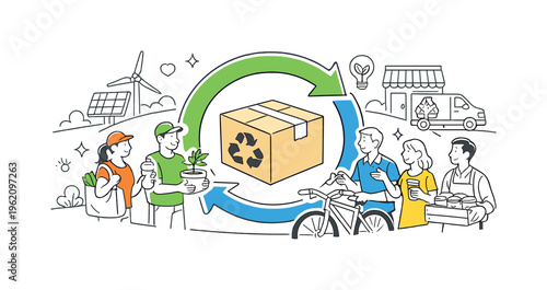 A circular economy and waste reduction initiative scene showing community members and businesses adopting sustainable practices together around a large recycling loop and a simple