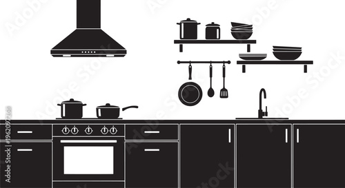 Modern kitchen interior design illustration in monochrome silhouette, featuring essential appliances like stove, oven, sink, range hood, and stylish hanging utensils on shelves