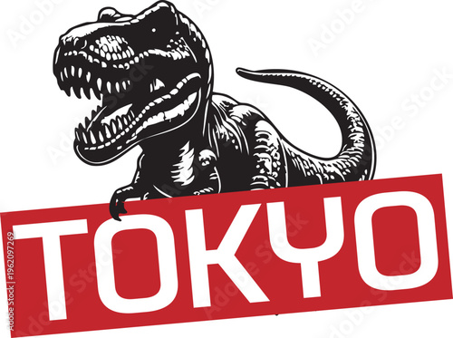 A black and white dinosaur standing on a red tokyo sign isolated on transparent background
