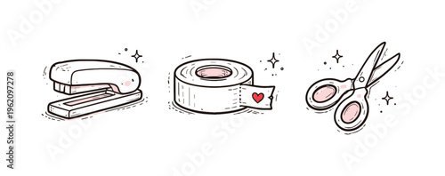 Simple office supplies theme  a horizontal row of 3 related hand-drawn objects on a white background, featuring a stapler with a tiny pink dot detail, a roll