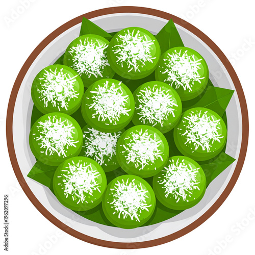 A plate of green klepon coated in grated coconut, soft and chewy rice cakes filled with molten palm sugar, bursting with sweetness in every bite